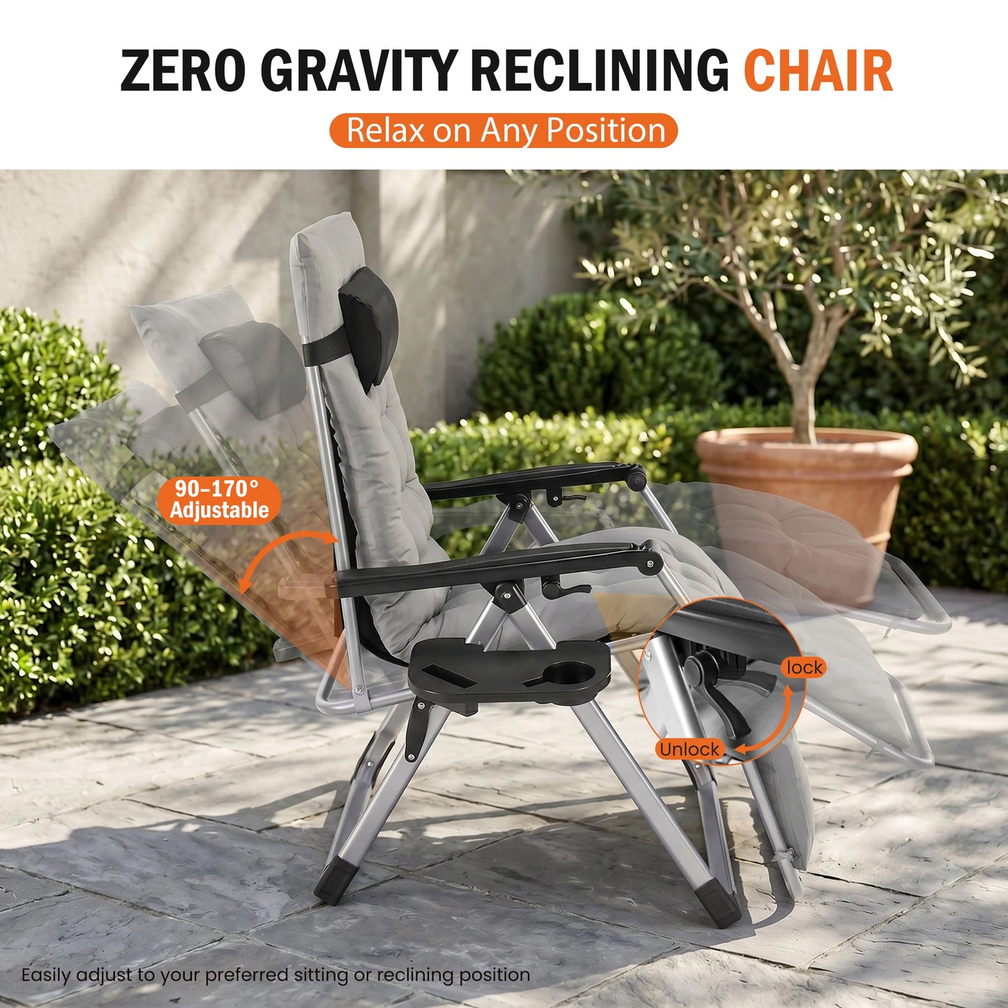 Zero Gravity Reclining Camping Chair with Cup Holder & Removable Cushion