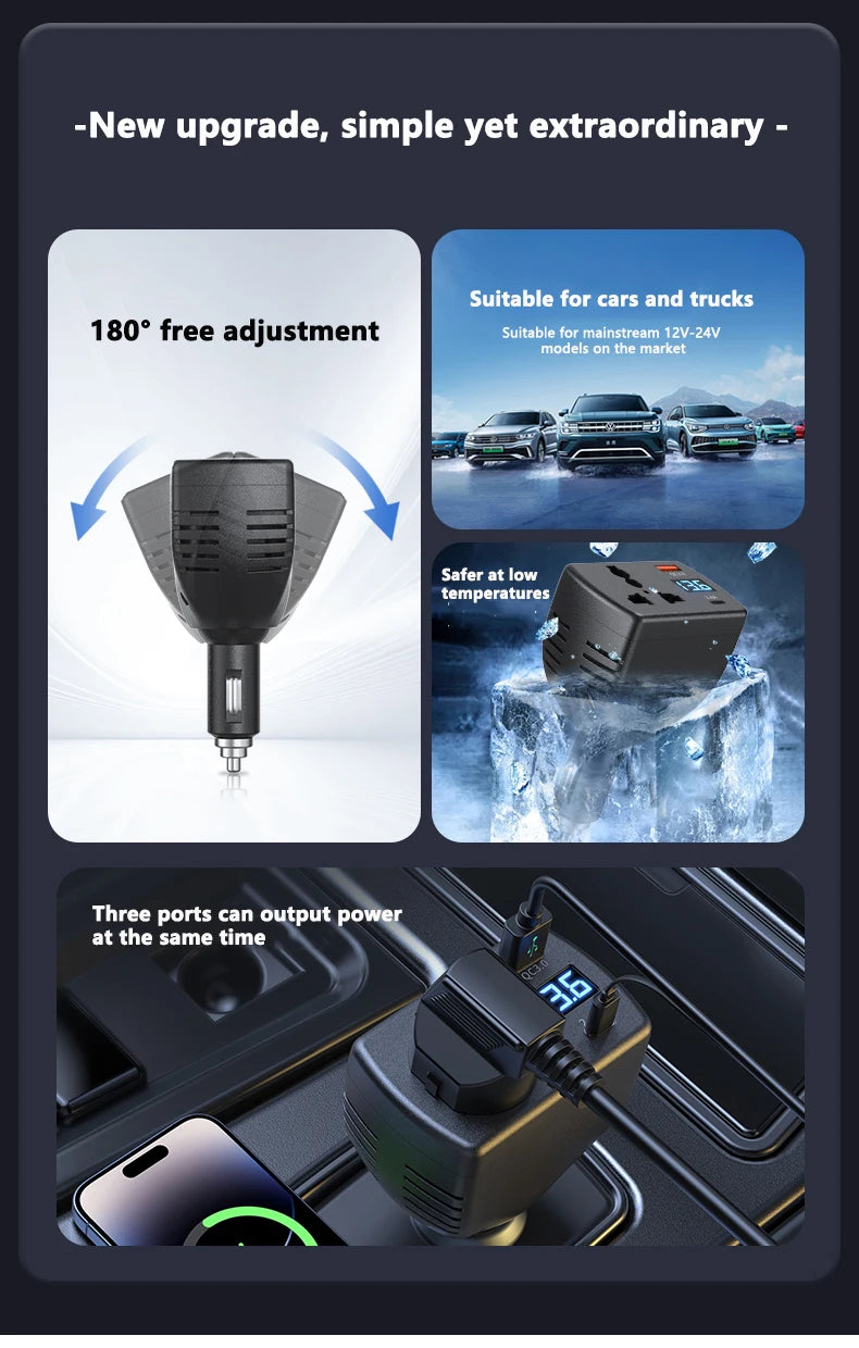 150W Car Power Inverter 12V/24V to 220V with Fast USB Charger & Voltage Monitor