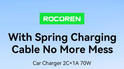 70W Fast USB-C Car Charger with 1.6m Retractable Spring Cable