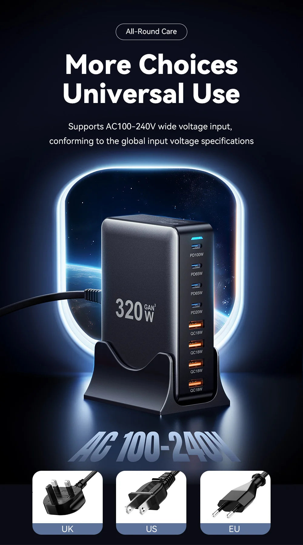 320W 8-Port GaN Desktop Charging Station - 100W PD Fast Charger for All Devices