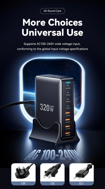320W 8-Port GaN Desktop Charging Station - 100W PD Fast Charger for All Devices