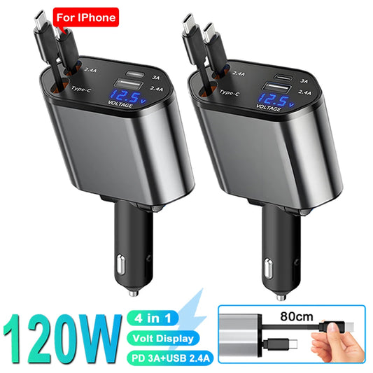 4-in-1 Retractable Car Charger - 120W Fast Charging with Voltage Display for iPhone & Samsung