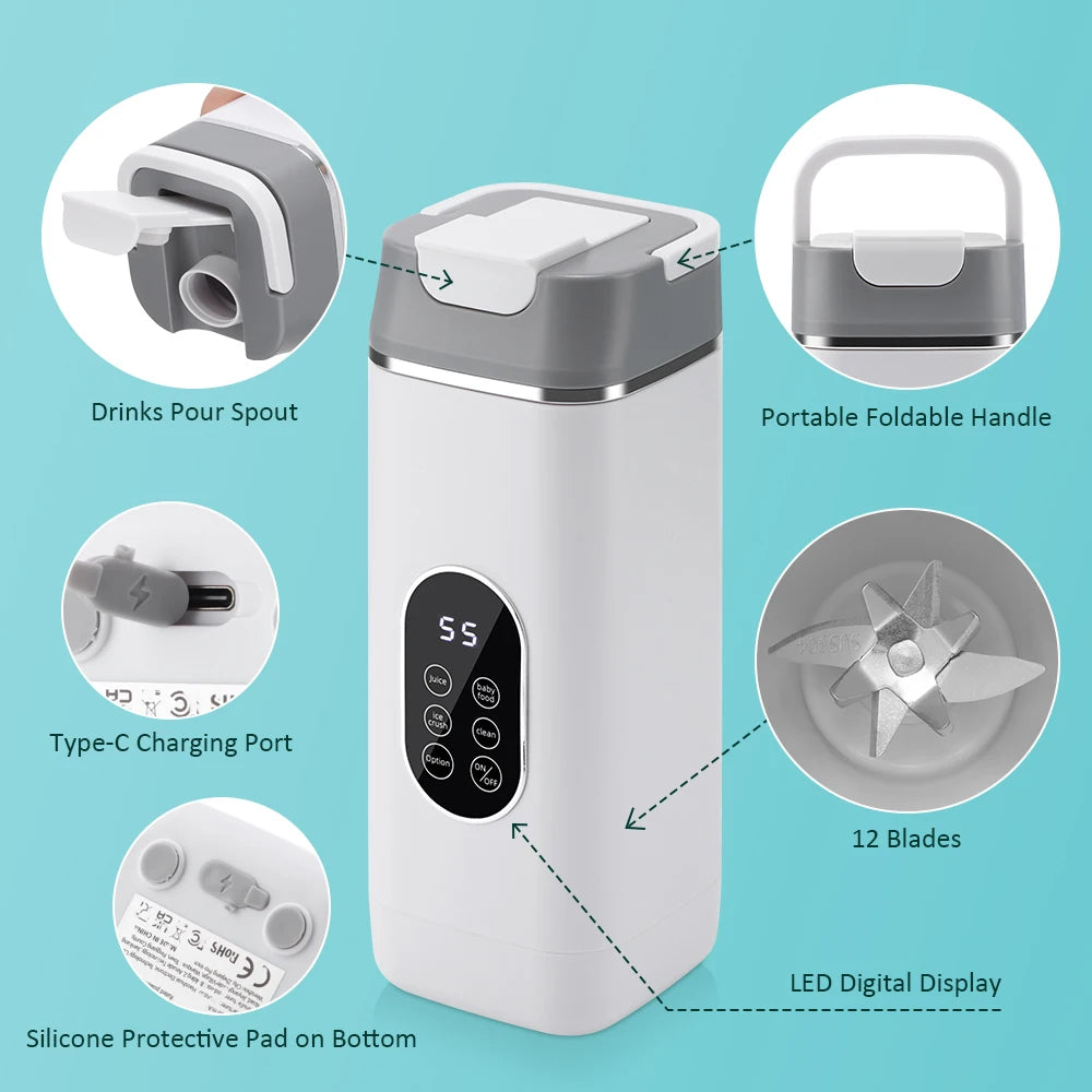 Portable Electric Juicer Cup with 12 Blades & Smart Digital Display