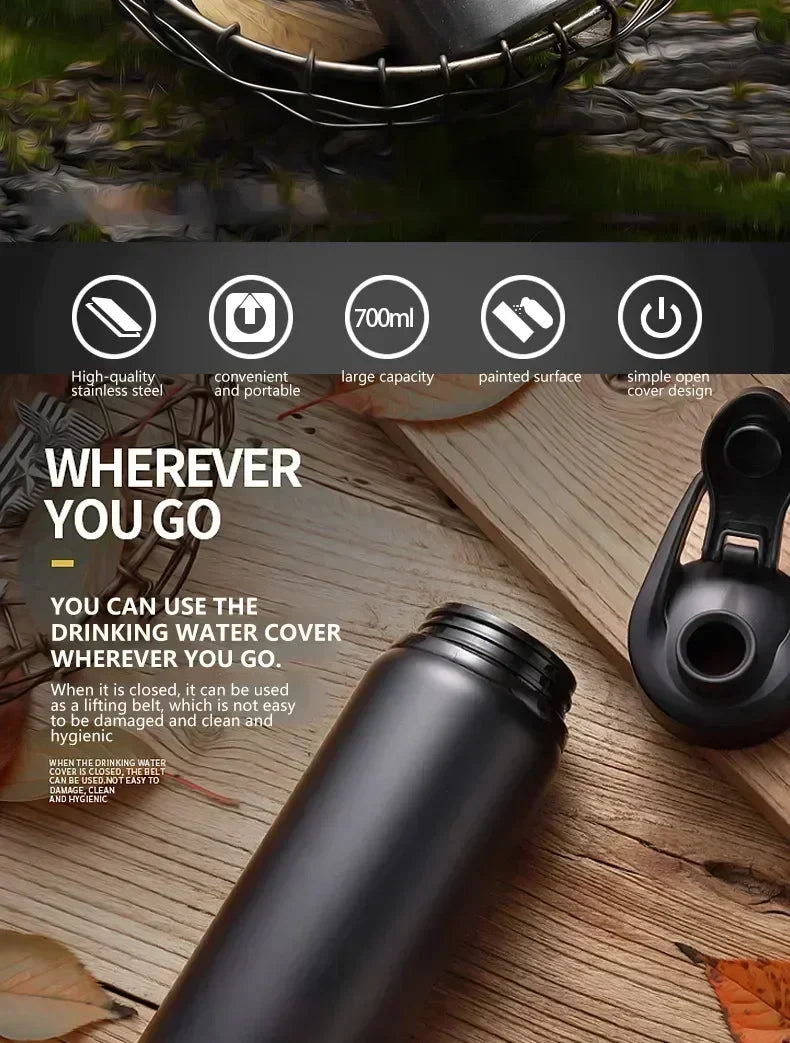 Portable Stainless Steel Sports Water Bottle - 700ml Leak-Proof Flask - 8