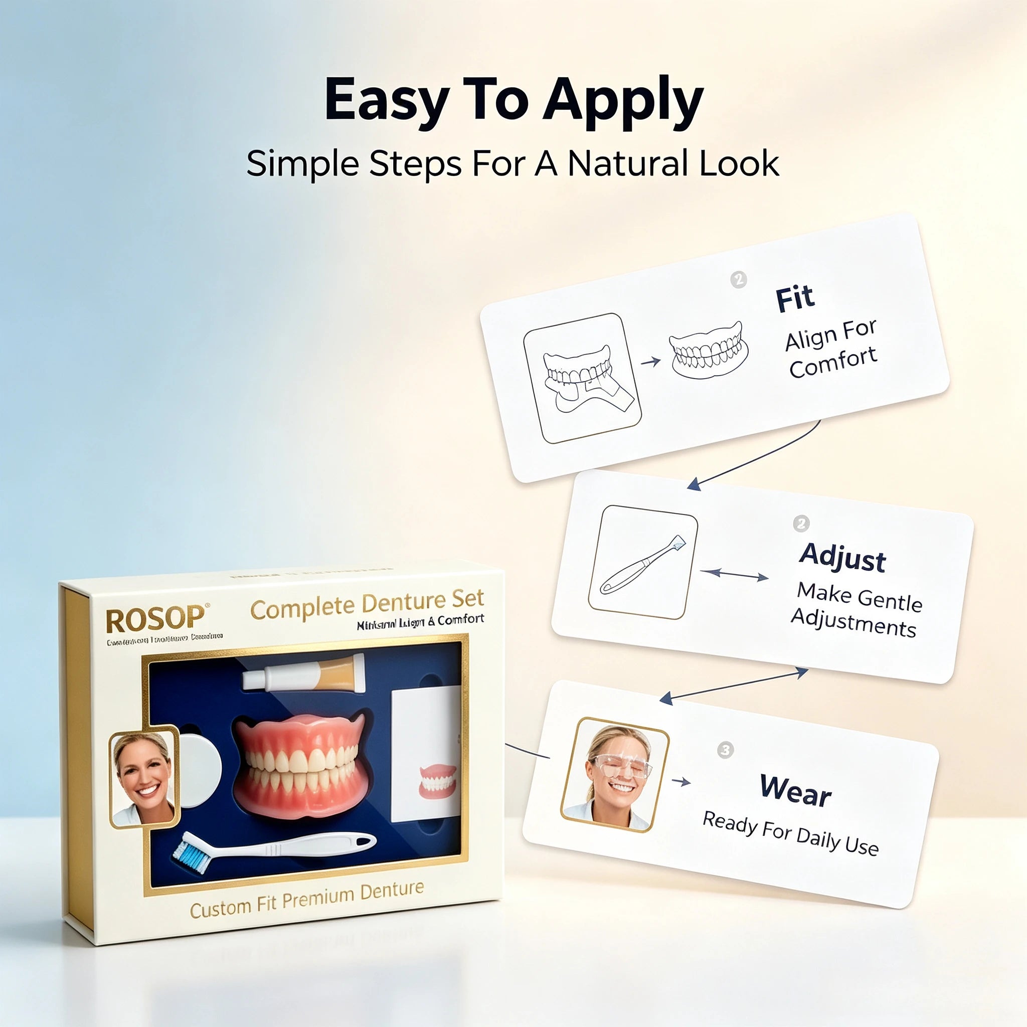 Natural Cosmetic Denture Set - Realistic Upper & Lower False Teeth Smile Makeover - 5