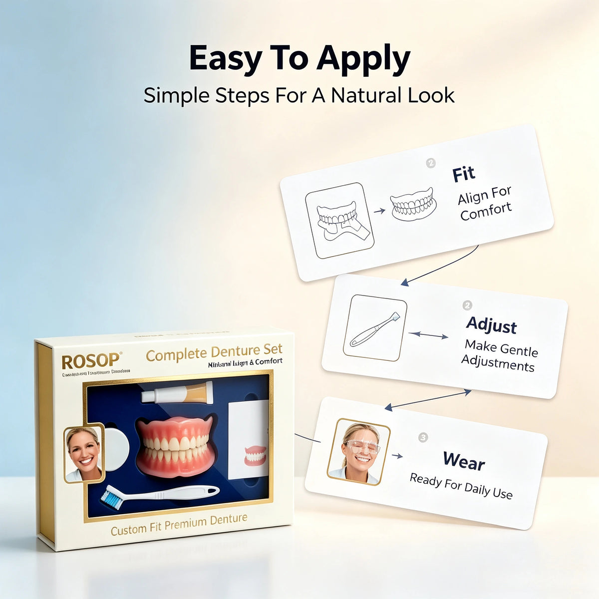 Natural Cosmetic Denture Set - Realistic Upper & Lower False Teeth Smile Makeover