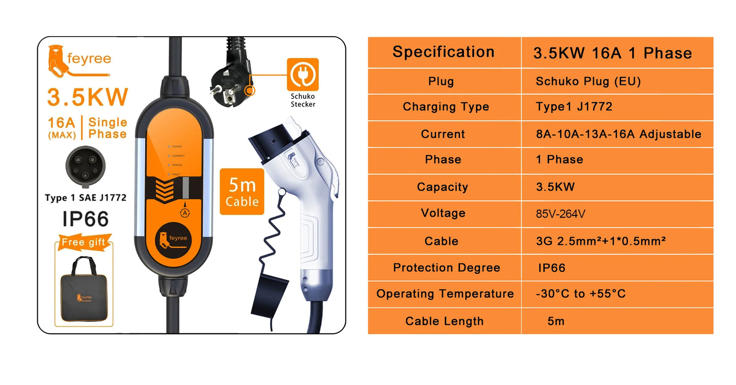 Portable 3.5KW Level 2 EV Charger - Type 2 Adjustable Charging Cable (5m)