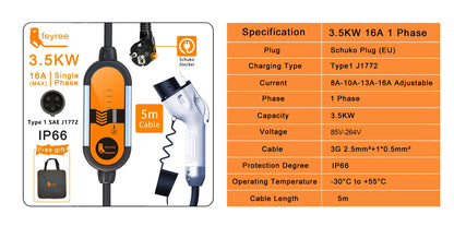 Portable 3.5KW Level 2 EV Charger - Type 2 Adjustable Charging Cable (5m)