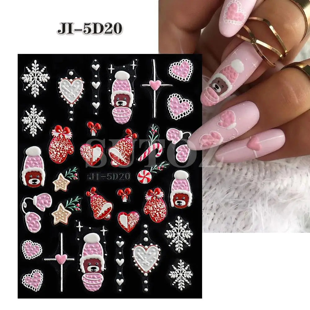 5D Embossed Christmas Nail Art Stickers - Winter Holiday Snowflake & Santa Decals - 18