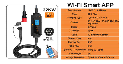 22KW 3-Phase Portable EV Charger - Adjustable 32A Type 2 Fast Charger