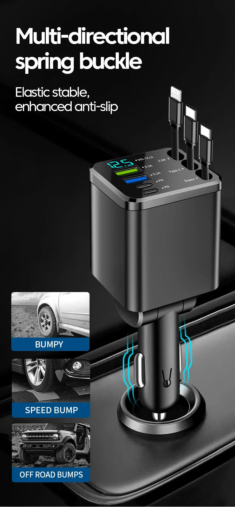 7-in-1 Retractable Fast Car Charger with Digital Display - 120W PD Adapter