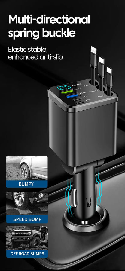 7-in-1 Retractable Fast Car Charger with Digital Display - 120W PD Adapter