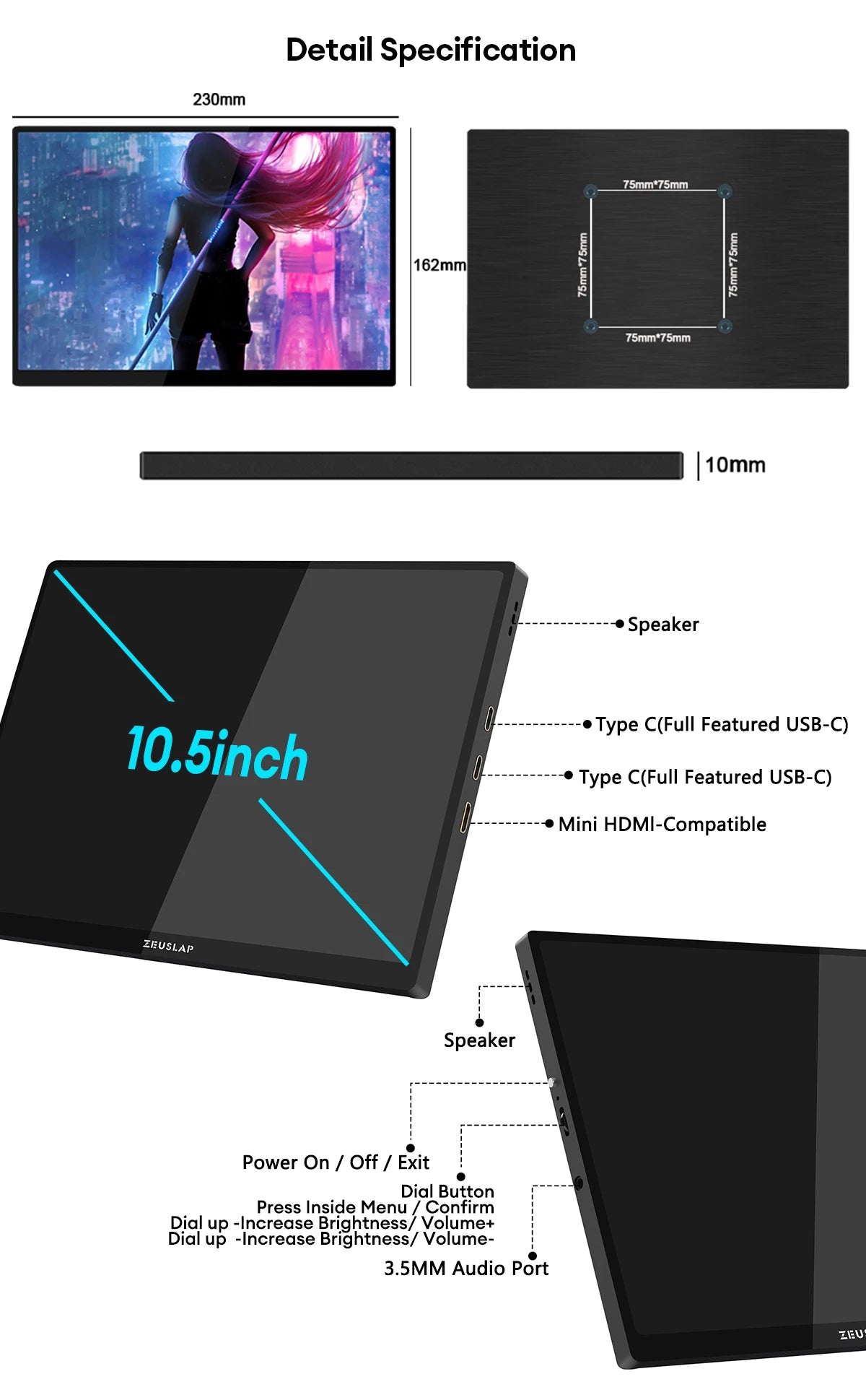 10.5" FHD Portable Touchscreen Monitor - 100% sRGB IPS Slim Display - 13