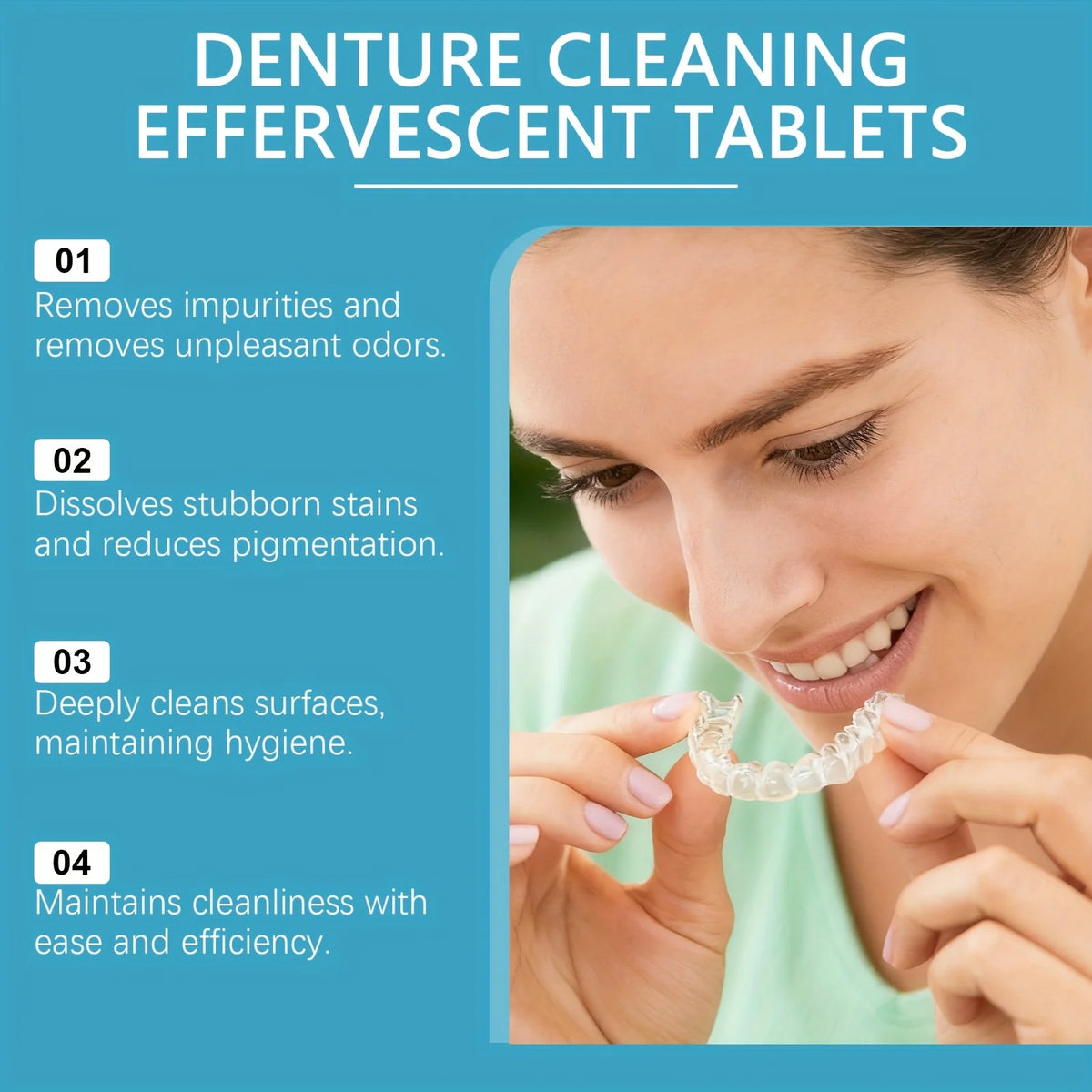 Effervescent Denture Cleaning Tablets for Deep Stain & Odor Removal