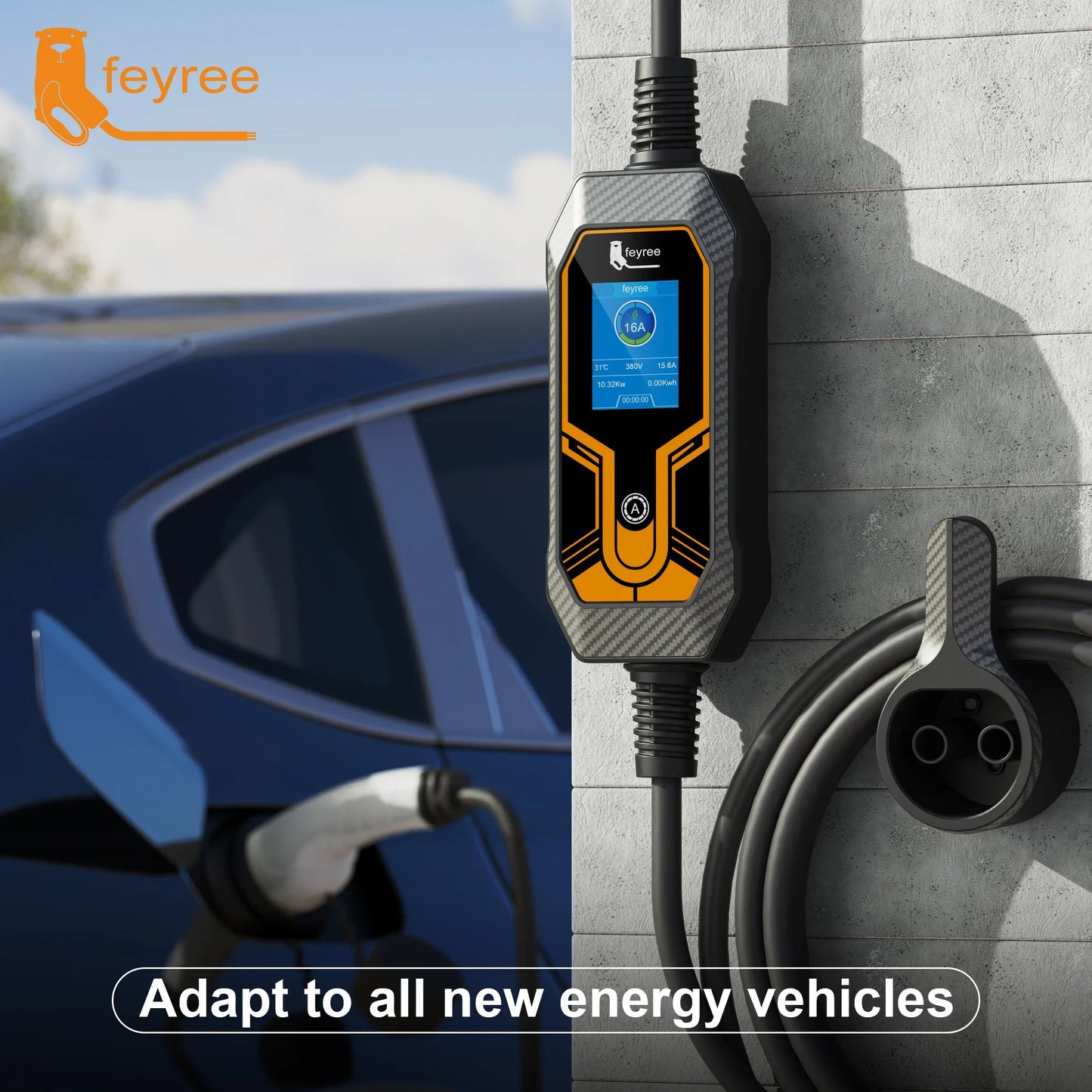 Feyree Portable EV Charger Type 2 - 7KW/11KW Adjustable Electric Car Charger