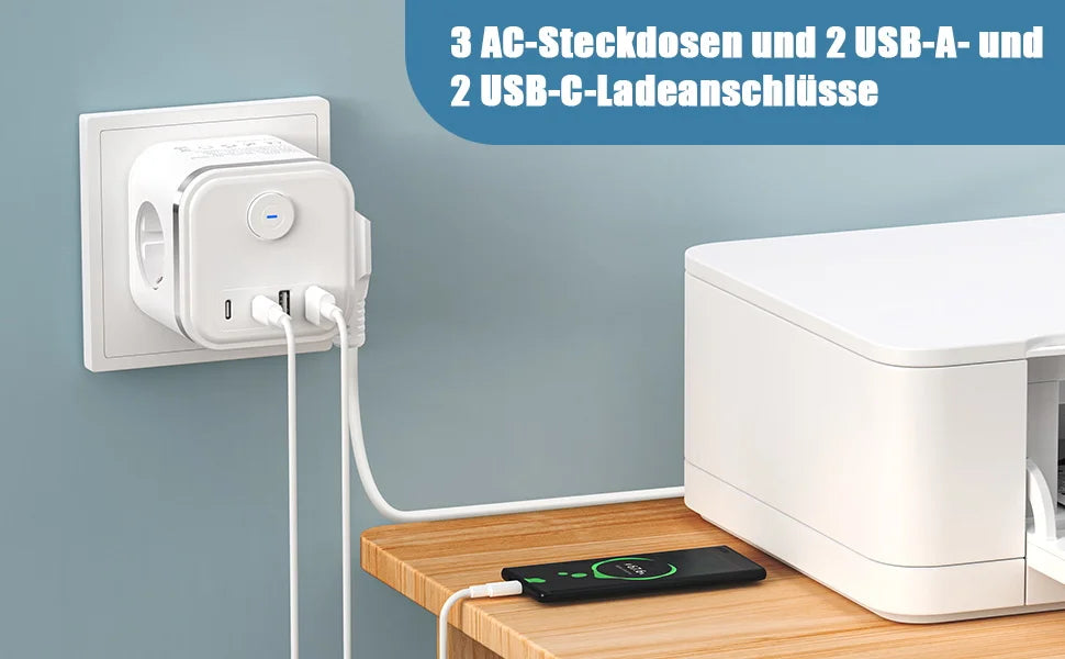 7-in-1 European Power Strip Cube with 4 USB/Type-C Fast Charging Ports - 7