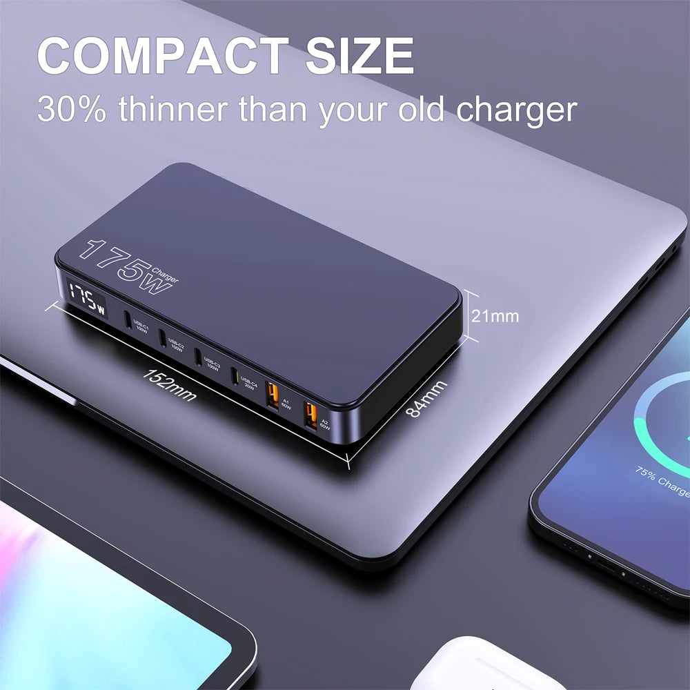175W GaN USB-C Desktop Charger - 6-Port Fast Charging Station with LCD - 6