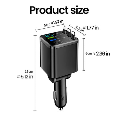 7-in-1 Retractable Fast Car Charger with Digital Display - 120W PD Adapter