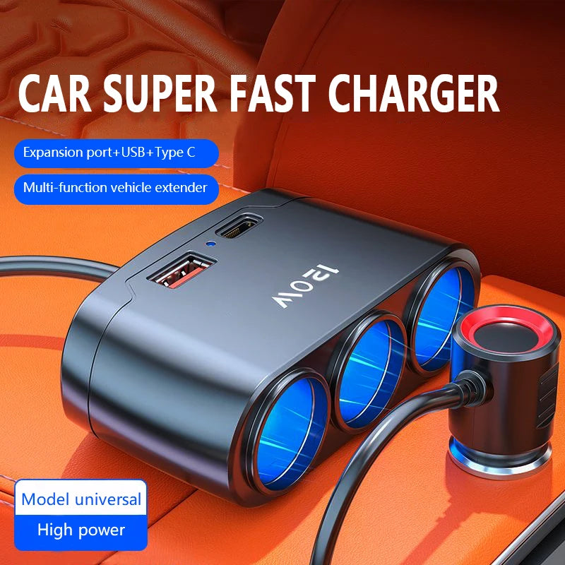 120W 3-Way Car Cigarette Lighter Splitter with USB & PD Fast Charging - 9