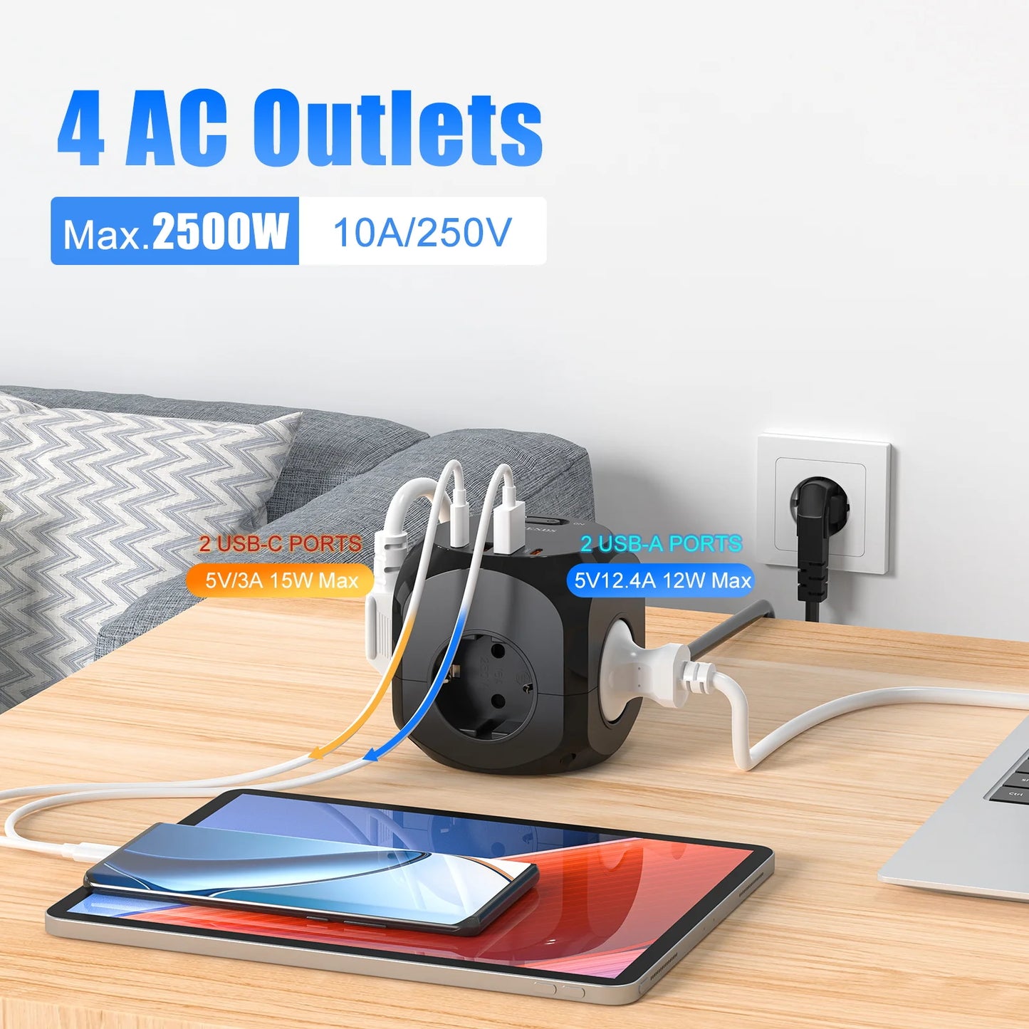 4-Way Cube Power Strip with USB-C & USB-A Fast Charging - 2M Extension Cord