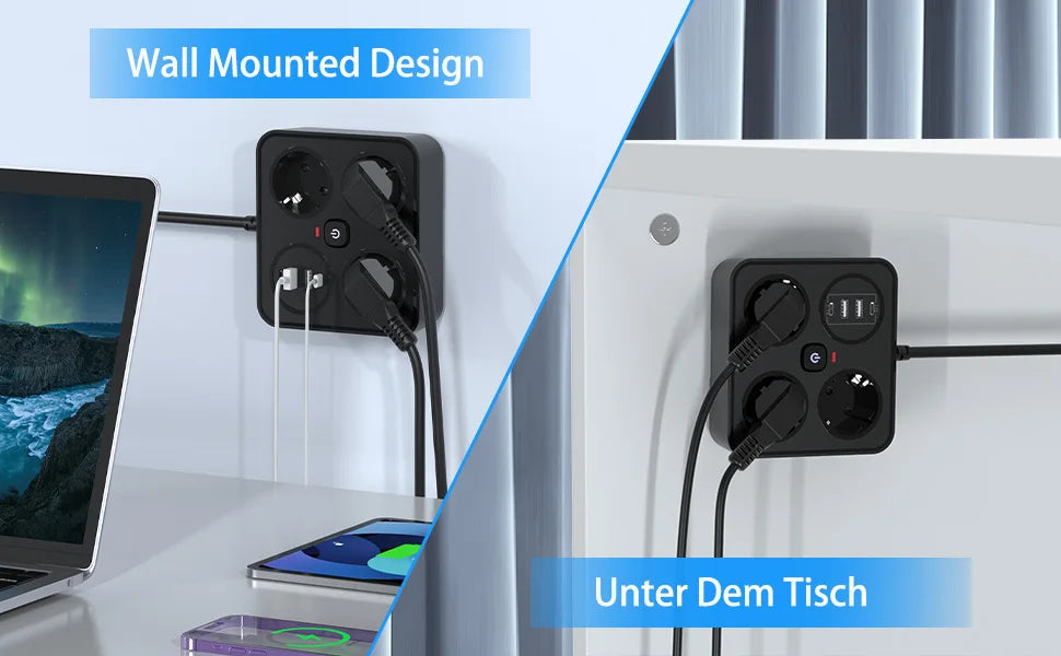 7-in-1 European Power Strip with 4 USB Ports & Surge Protection - 9