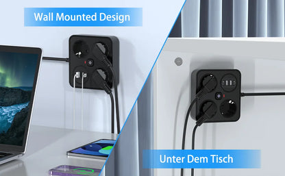 7-in-1 European Power Strip with 4 USB Ports & Surge Protection
