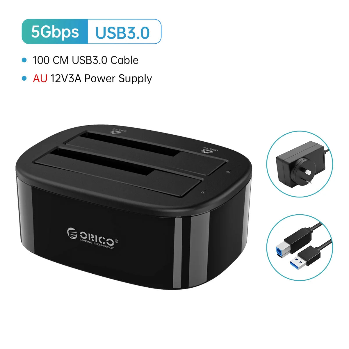 Dual-Bay Hard Drive Docking Station for 2.5/3.5" HDD & SSD USB 3.0