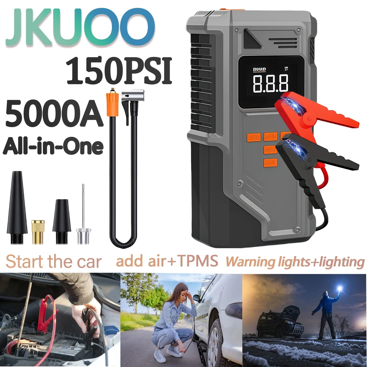 Portable Car Jump Starter with 10.2 Bar Tire Inflator & Emergency Pump