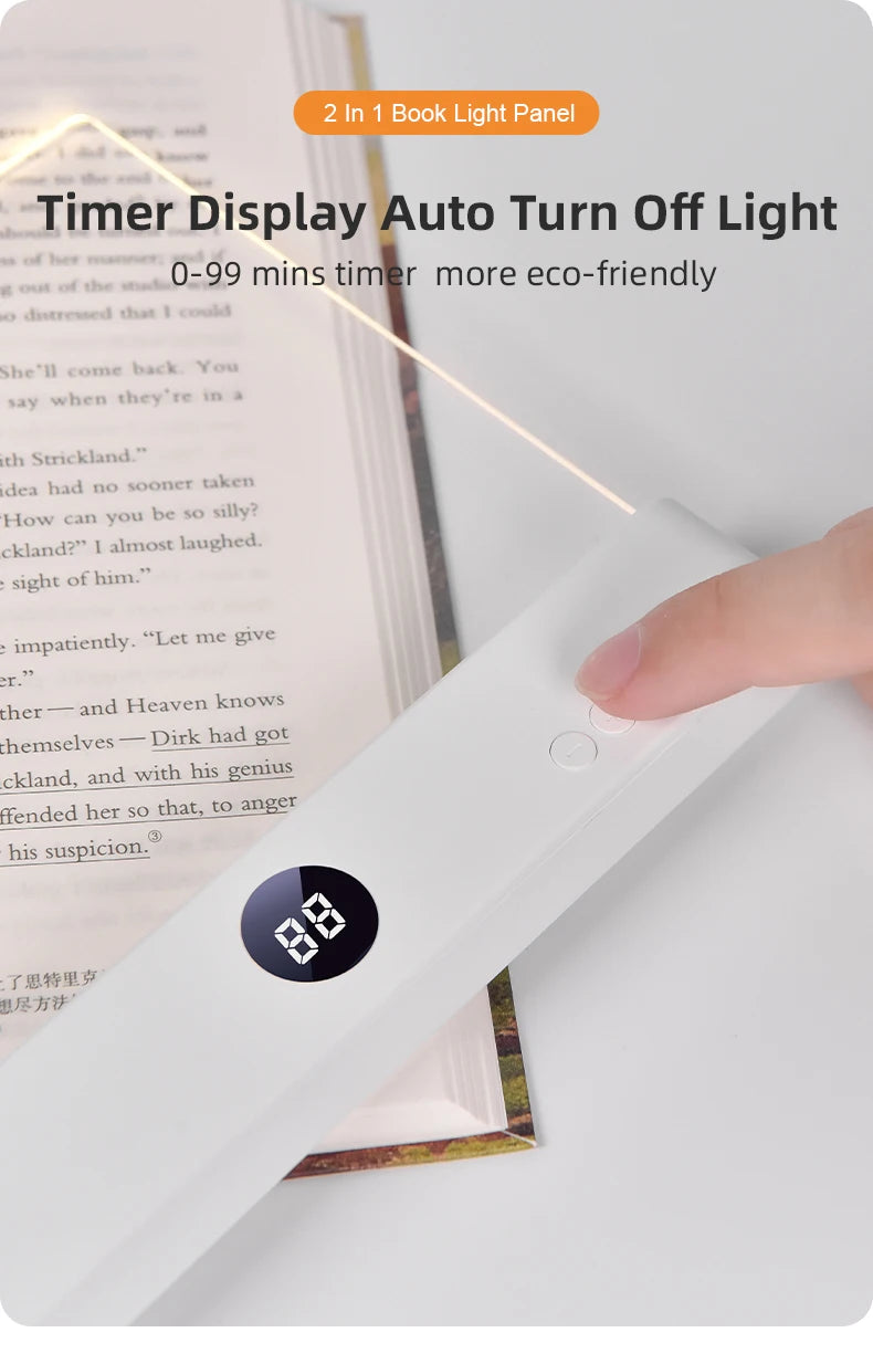 Flat Panel LED Book Reading Light - Rechargeable Eye-Caring Night Light with Timer