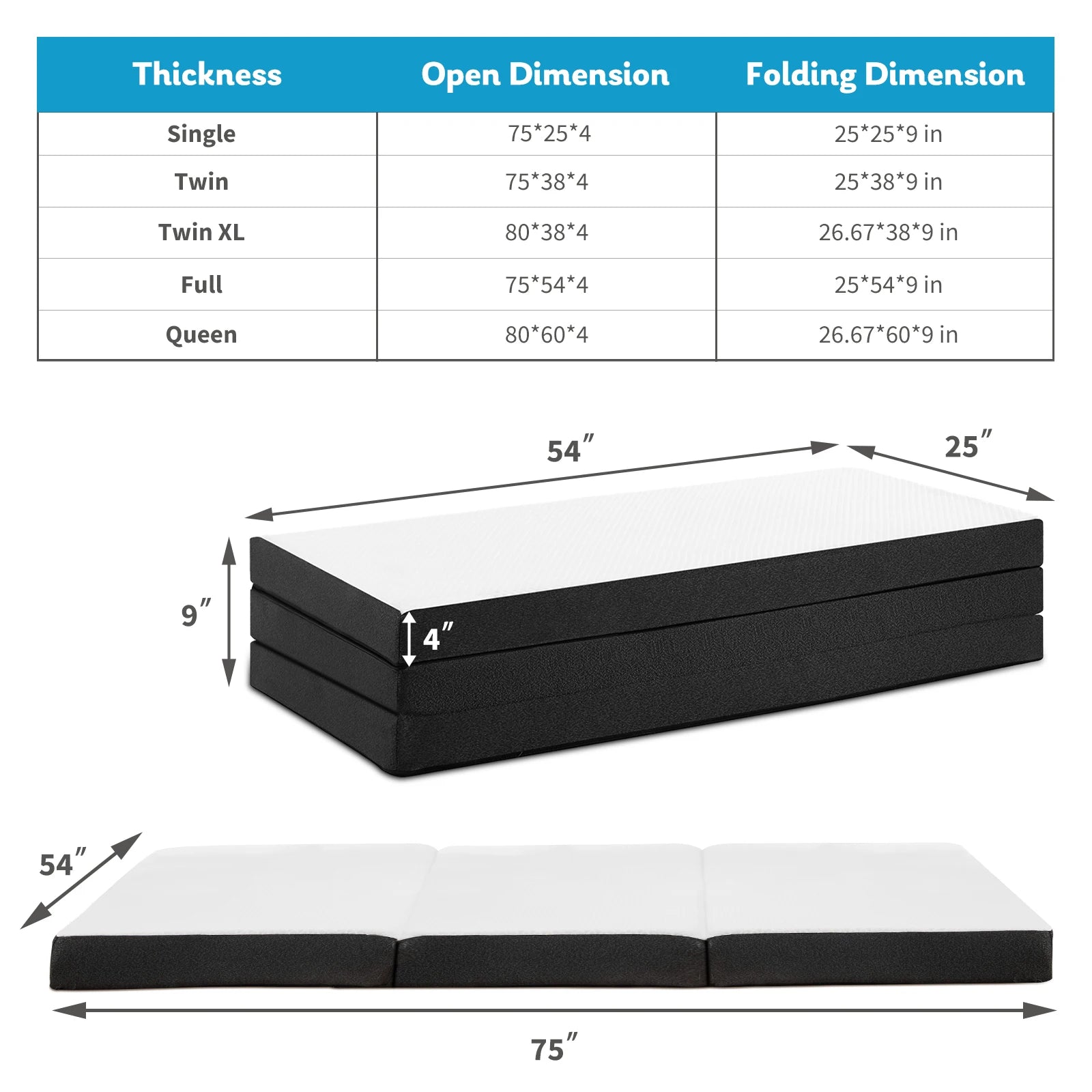 Portable Tri-Fold Memory Foam Mattress - Foldable Floor Bed for Guest & Travel - 28