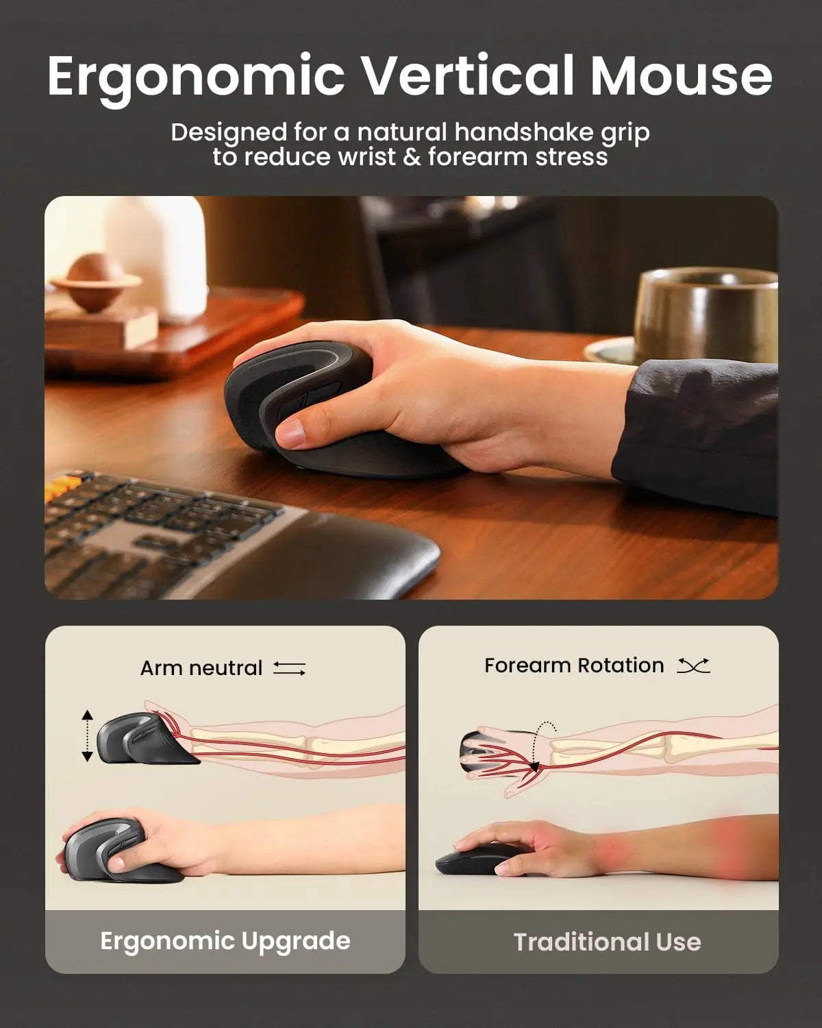 ProtoArc Wireless Ergonomic Vertical Mouse - Rechargeable Bluetooth Optical
