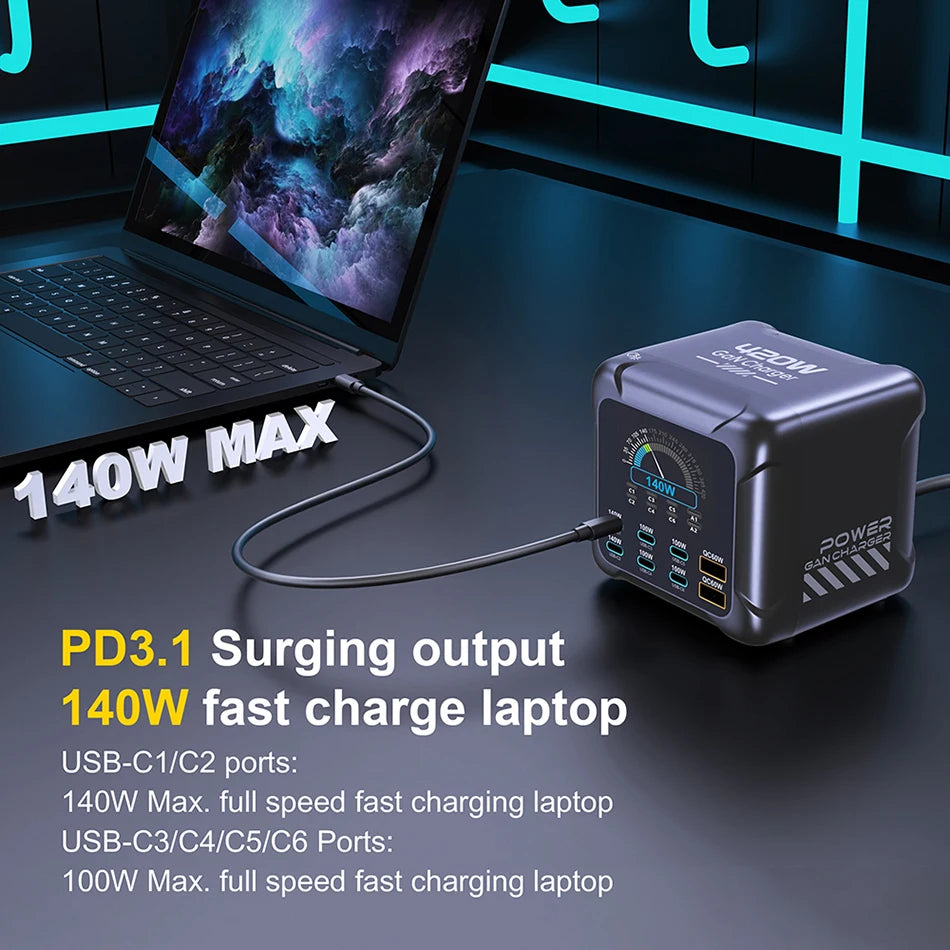 300W GaN 6-Port Desktop Fast Charger Station with Digital Display - 23