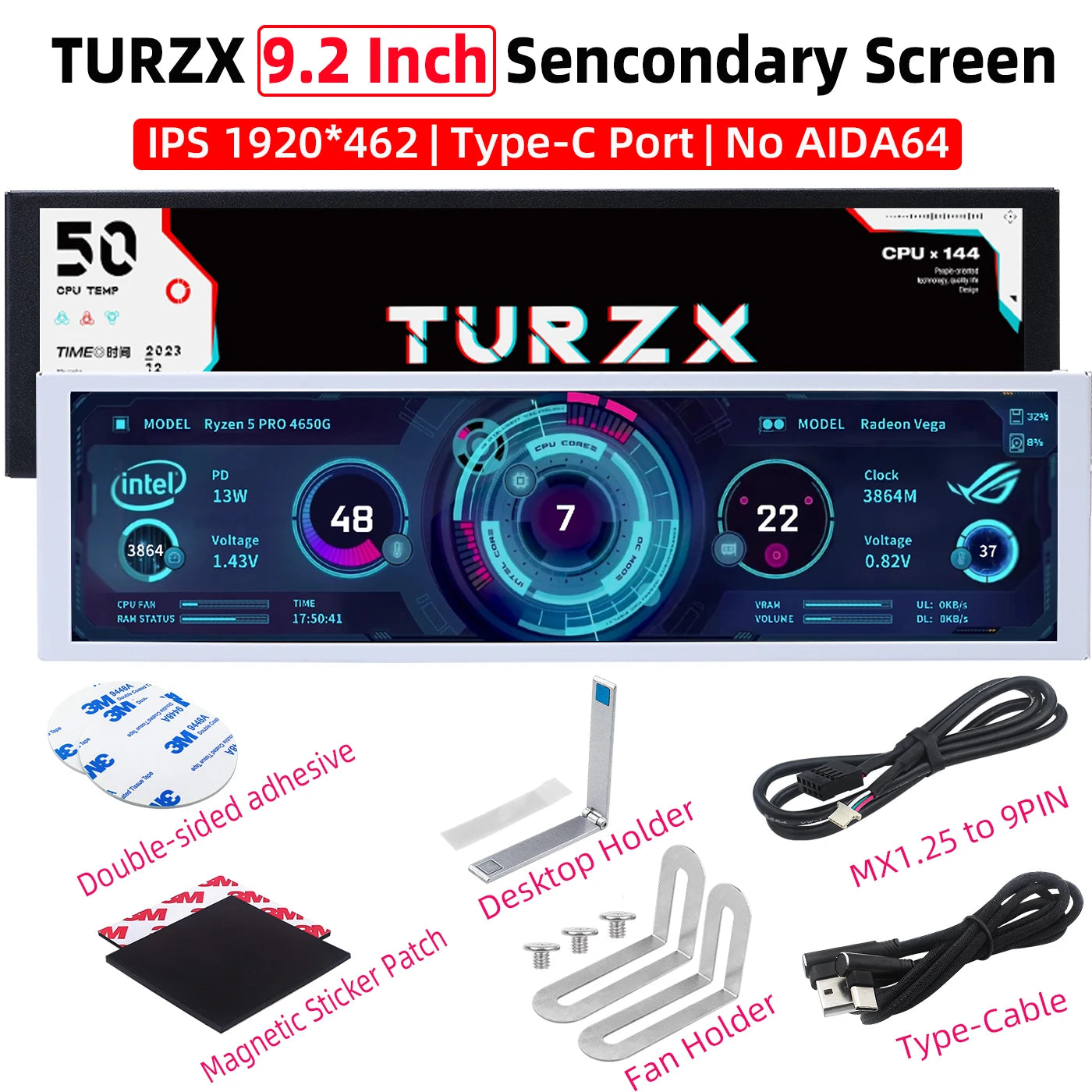 9.2" PC Chassis Secondary Screen - IPS Hardware Monitor for CPU/GPU Stats - 1