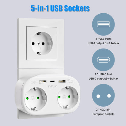 4000W 2-Way EU Wall Power Socket with Dual USB & Type-C Ports