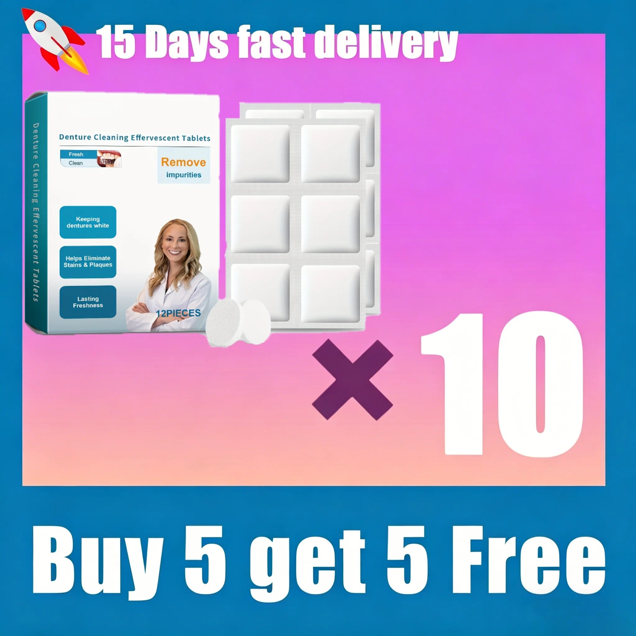 Effervescent Denture Cleaning Tablets for Deep Stain & Odor Removal - 10