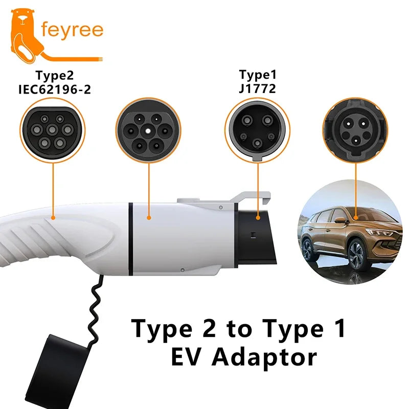 EV Charger Adapter Type 2 to Type 1 - 32A 7KW Fast Charging Connector