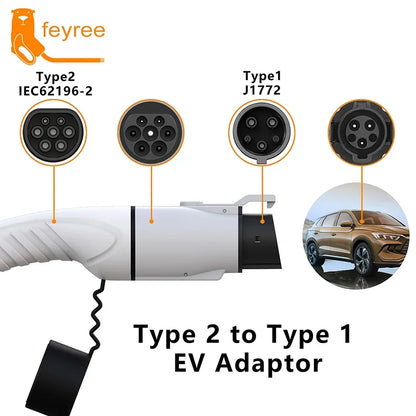 EV Charger Adapter Type 2 to Type 1 - 32A 7KW Fast Charging Connector
