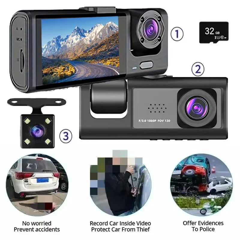 3-Lens 1080P Dash Cam with IR Night Vision, Loop Recording & G-Sensor - 1
