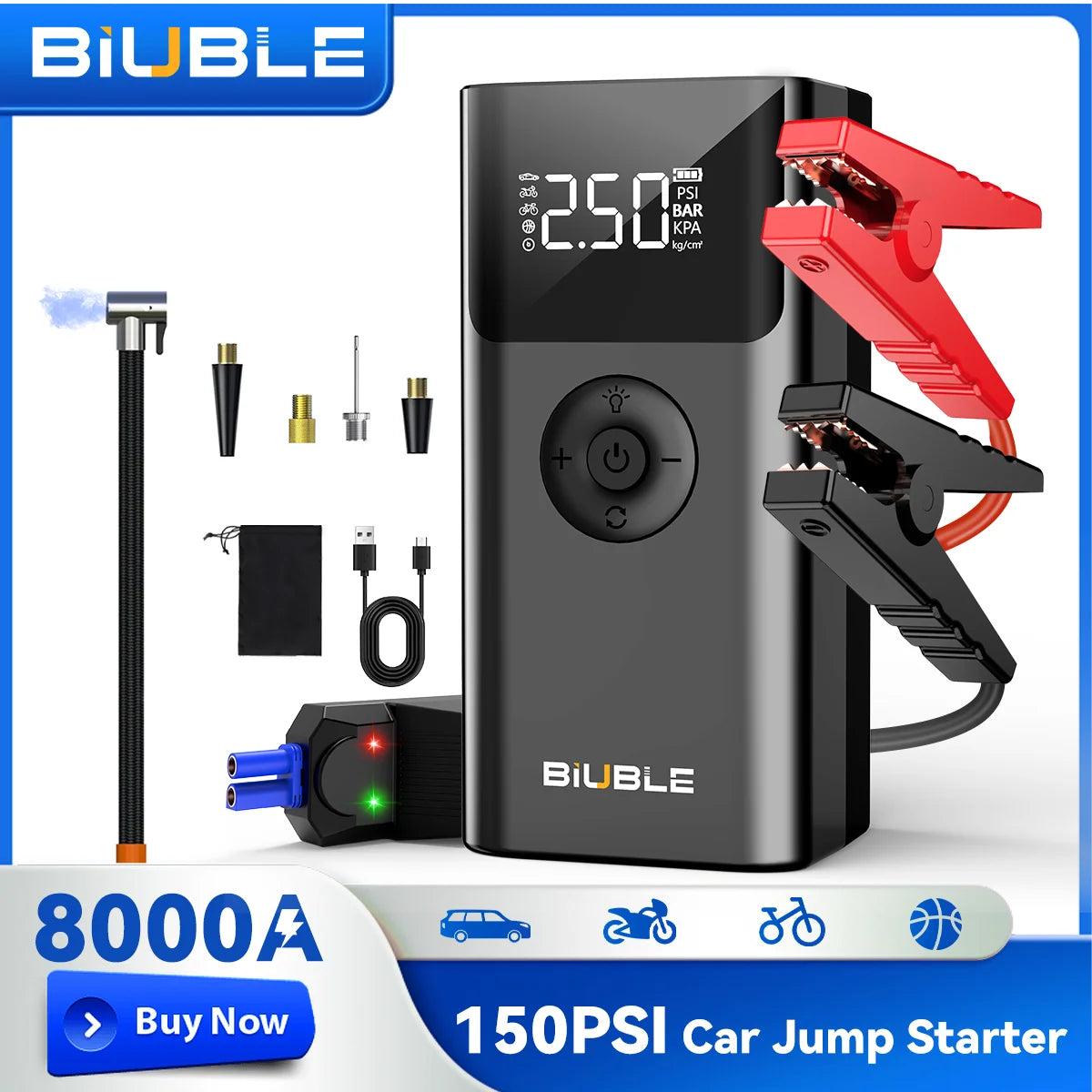 Portable 1500A Car Jump Starter with 150PSI Air Compressor & Power Bank - 23