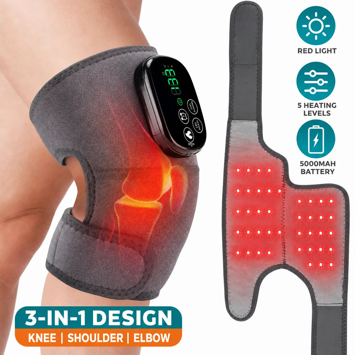 Cordless Heated Knee Wrap with Red Light Therapy and Adjustable Heat