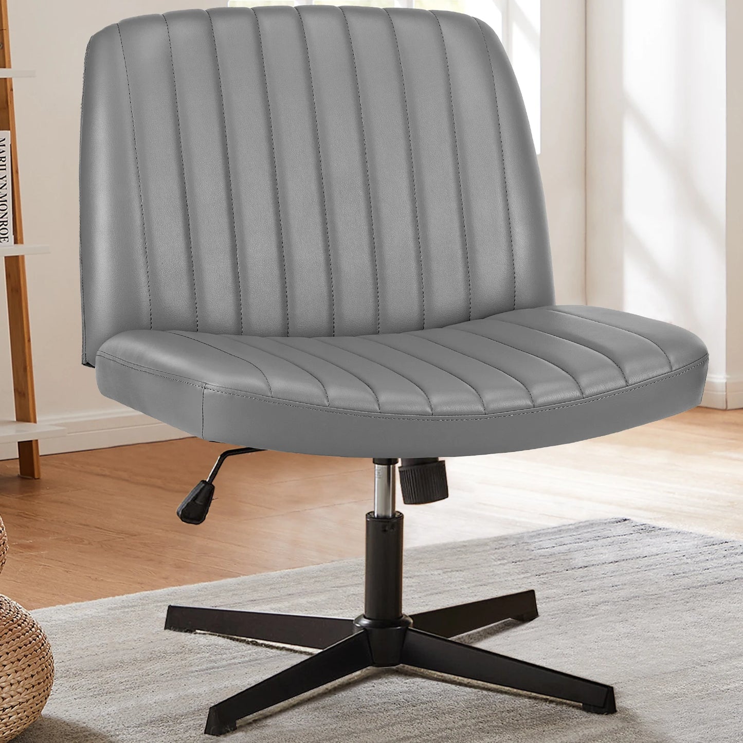 Wide Armless Cross-Legged Office Chair - Adjustable Swivel Vanity Desk Chair