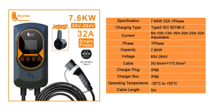 Electric Vehicle Wallbox Charger - Adjustable 7.6kW-22kW EV Charging Station