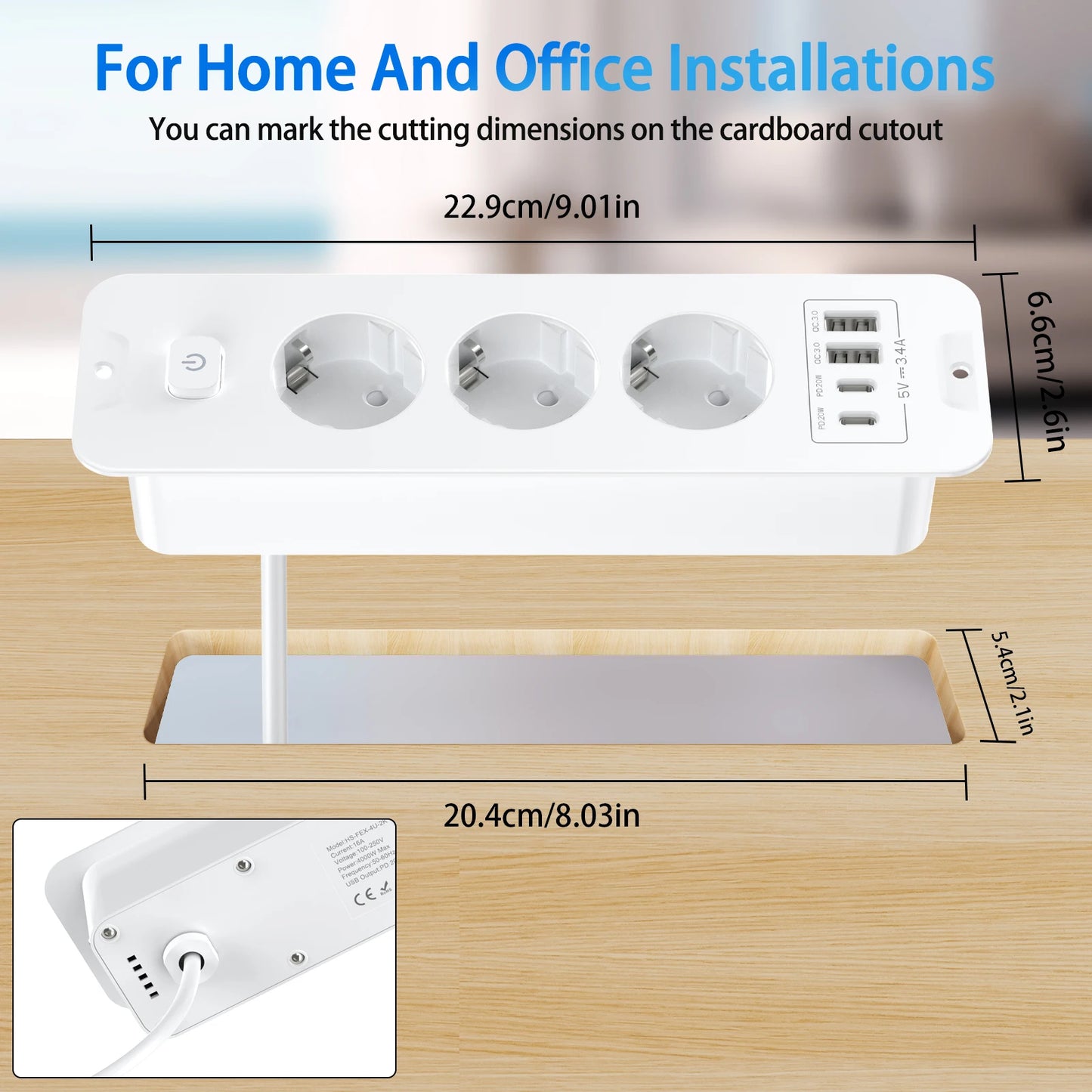 10-in-1 Recessed Power Strip with 20W USB-C PD & Fast Charging Wall Socket