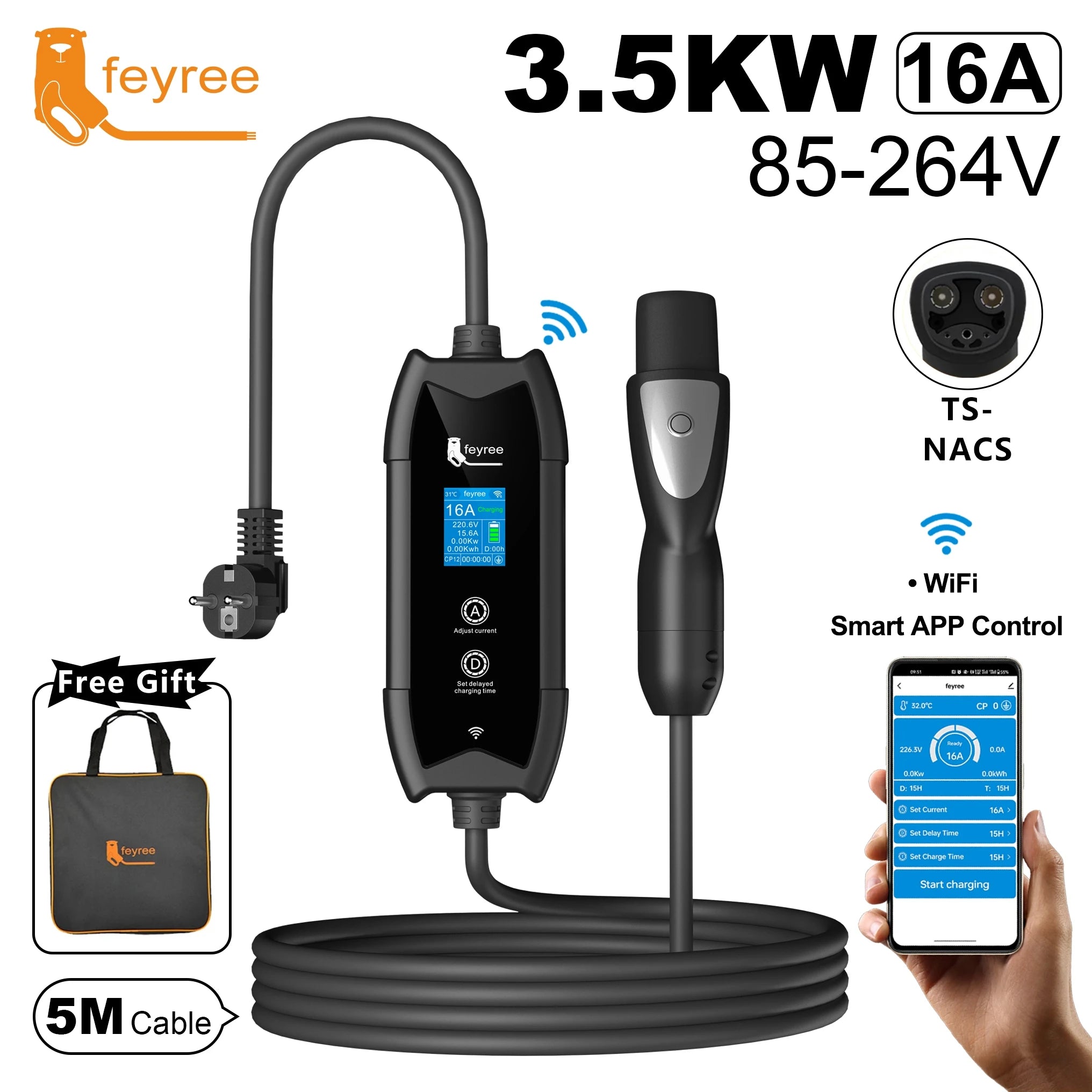 Portable Smart EV Charger 16A 3.5KW with WiFi App Control & 5M Cable - 30