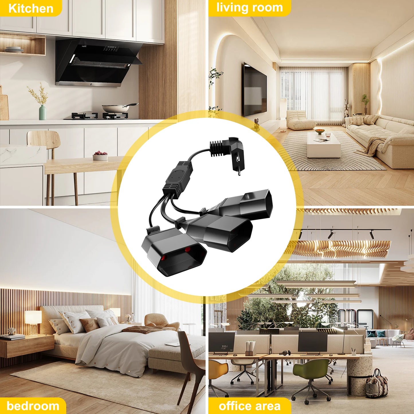 EU 3-Way Power Extension Cord - 90-Degree Flat Plug for Home & Travel