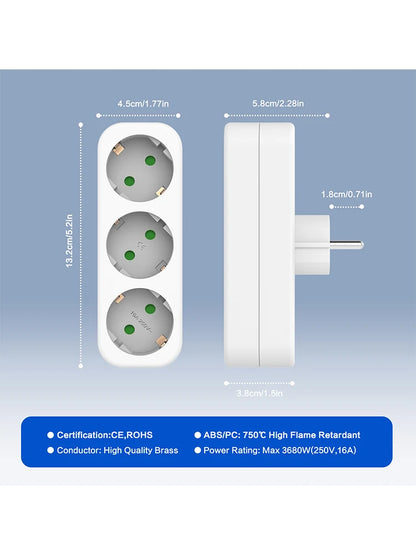 3-Way European Power Socket Adapter - 16A EU Plug Extension Converter
