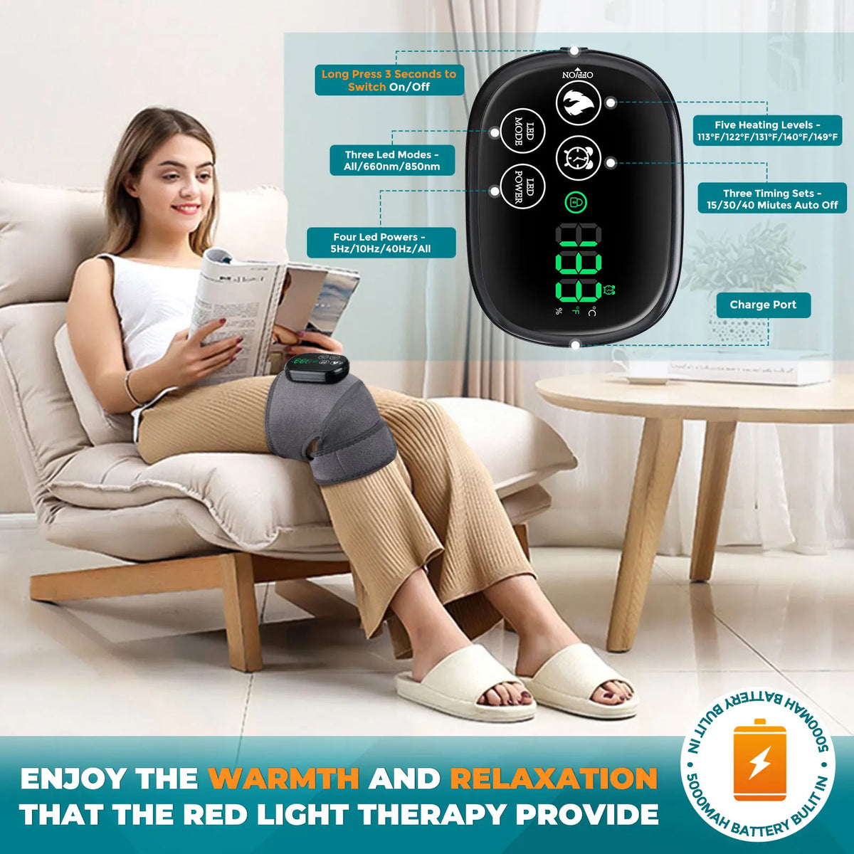 Cordless Heated Knee Wrap with Red Light Therapy and Adjustable Heat