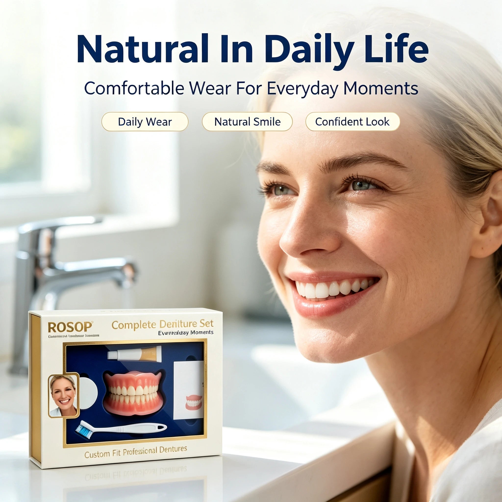 Natural Cosmetic Denture Set - Realistic Upper & Lower False Teeth Smile Makeover - 10