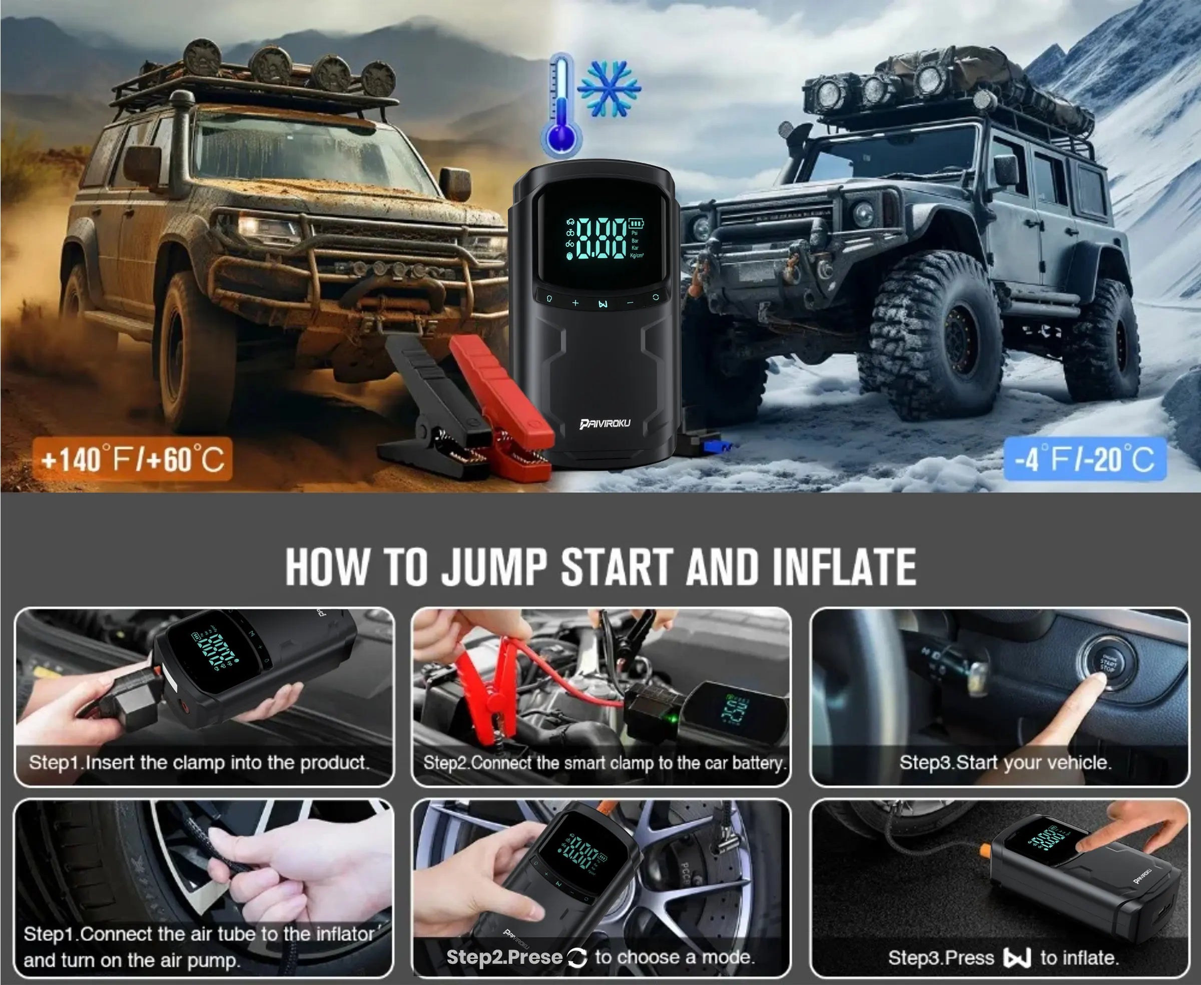 5000A Car Jump Starter with 150PSI Air Compressor & Portable Power Bank - 12