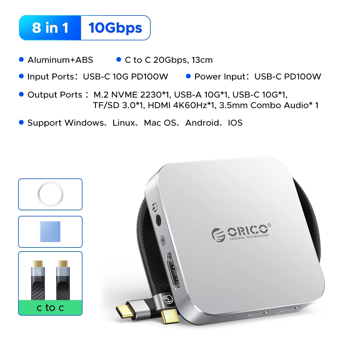 ORICO Magnetic M.2 2230 NVMe SSD Docking Station 10Gbps 4K 100W PD Hub